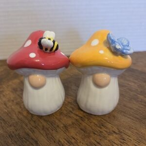 Whimsical Ceramic Mushroom Gnome Salt and Pepper Shaker Set - Red & Yellow